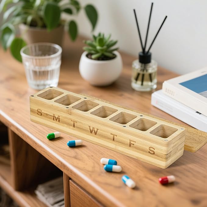 Wood Weekly Pill Organizer, 7 Day Bamboo Tablet Box Vitamin Dispenser, Portable Aesthetic Magnetic Pill Case Container Box for Vitamins Fish Oil Pills or Supplements Daily Travel