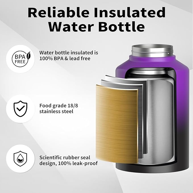 WATERSY 1 Gallon Water Bottle Insulated(Cold for 48 Hrs),BPA Free&Leak Proof,128oz Stainless Steel Water Jug,Big thermo,Large Water Bottle with Handle for Gym,Hiking,Camping&Travel,Purple