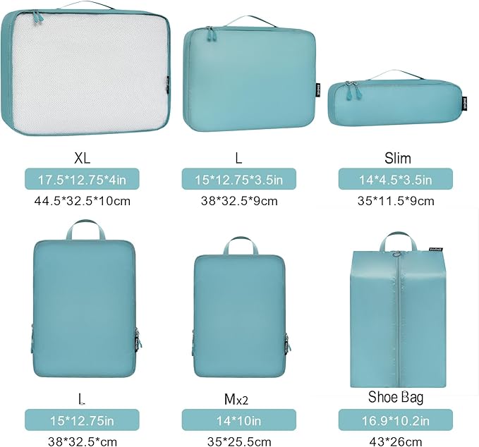 Bagail Ultralight Compression Cubes 7 Set - 3 Packing Cubes, 3 Organizers, and 1 Shoe Bag