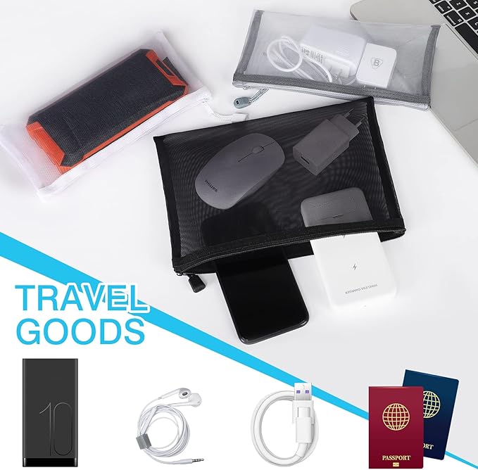 12 Pieces Zipper Nylon Mesh Pouch, Mesh Cosmetic Bags Makeup Bags Pencil Case, Multipurpose Travel Bags for Cosmetic School Office Supplies and Travel Accessories (Black,White,Grey, A5+B6)