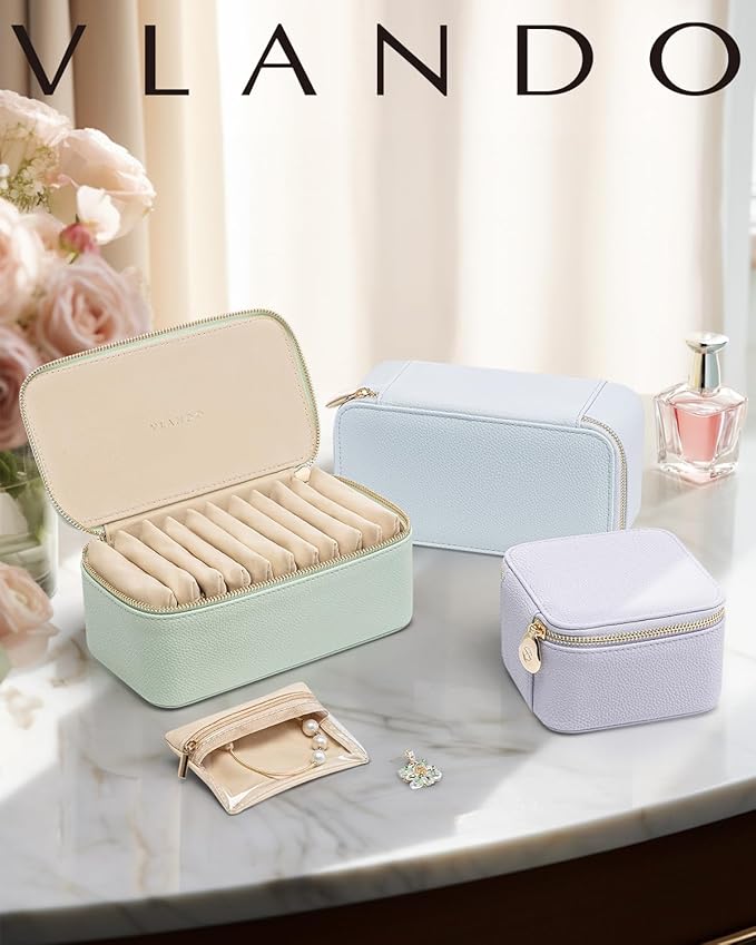 Vlando Travel Jewelry Case Organizer,Small Jewelry Box with 12 Velvet Jewelry Storage Pockets,Christmas Gift Ideas for Bride Friends Women Girls-Baby Blue