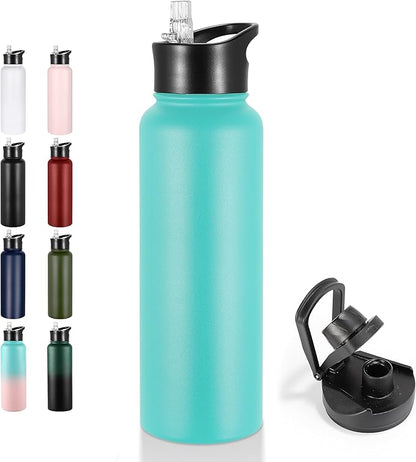 VEGOND 40 oz Insulated Water Bottle Stainless Steel Metal Water Bottles with Leak Proof Straw Lid & Spout Lid, Wide Mouth Double Walled Vacuum Travel Sports Bottle, Mint Green