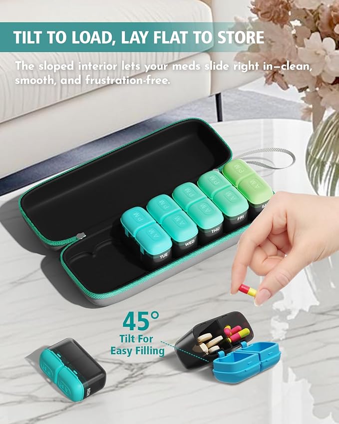 Weekly Pill Organizer 2 Times a Day, 7 Day Travel Medicine Pill Organizer with Moisture-Proof Silicone Lid, AM PM Daily Pill Bottle for Vitamins & Supplements, Pocket-Size Pill Case(Green)