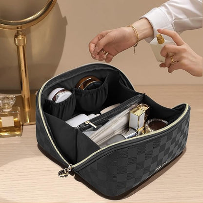 Prite Makeup Bag for Women Travel Waterproof Vegan Leather Cosmetic Bag Open Flat Toiletry Bag With Clear Divider and Handle (Plaid Black)