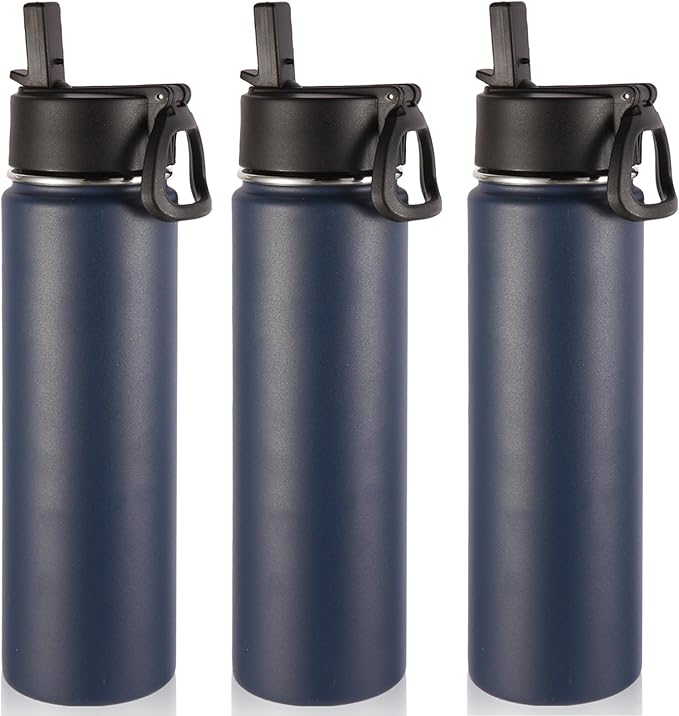 Volhoply 24oz Insulated Water Bottle With Straw Bulk 3 Pack,Metal Wide Mouth Water Bottles With Handle Lid Keep Cold,Reusable Double Wall Cups,Powder Coated Sport Bottle For Holder(Navy,3 Count)