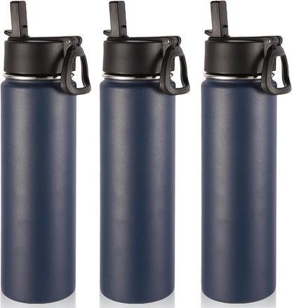 Volhoply 24oz Insulated Water Bottle With Straw Bulk 3 Pack,Metal Wide Mouth Water Bottles With Handle Lid Keep Cold,Reusable Double Wall Cups,Powder Coated Sport Bottle For Holder(Navy,3 Count)