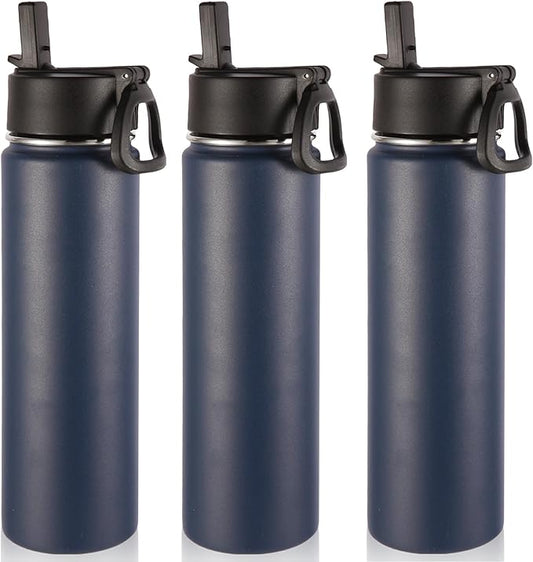 Volhoply 24oz Insulated Water Bottle With Straw Bulk 3 Pack,Metal Wide Mouth Water Bottles With Handle Lid Keep Cold,Reusable Double Wall Cups,Powder Coated Sport Bottle For Holder(Navy,3 Count)