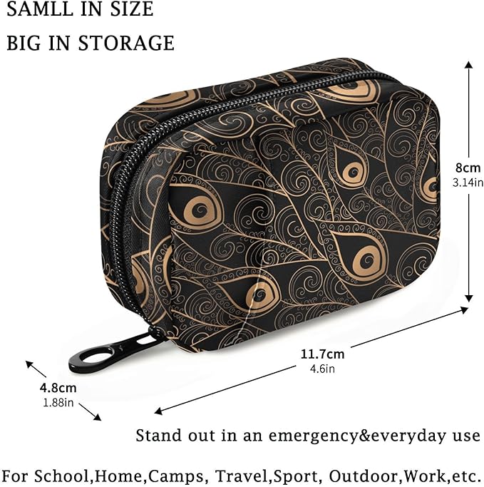 Fustylead Golden Black Peacock Feathers Travel Pill Case Bag with Zipper Weekly Pill Box 8 Compartments 7 Day Personal Pill Case Purse Medicine Case Organizer