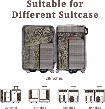 U+U 6 Set Compression Packing Cubes - Ultralight Travel Organizers with Laundry Bag, Space-Saving Suitcase Organizer, Expandable Packing Cubes for Travel, Business Trip and Family Vacation (Leopard)