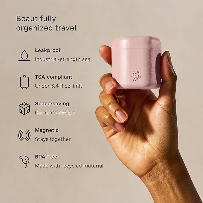 Cadence Travel Containers Haircare Capsule Set - Magnetic Containers with Lids,Carry On Travel Essentials For Women/Men - 3 Flex Mediums (1.32oz) - Shampoo, Conditioner & Comb Icon Labels - Petal