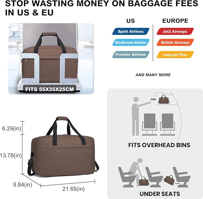 Kono Travel Duffel Bag 48L Large Carry-on Bag Sports Tote Gym Bag Weekender Overnight Bags for Men Women 21.65"x13.78"x9.84" Brown