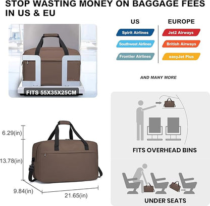 Kono Travel Duffel Bag 48L Large Carry-on Bag Sports Tote Gym Bag Weekender Overnight Bags for Men Women 21.65"x13.78"x9.84" Brown