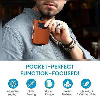 Premium Slim Leather Wallet for Men – RFID Blocking Minimalist Bifold Wallet with Money Clip, 11 Card Slots, Water-Resistant Men's Wallet in Carbon Fiber Design – Stylish and Secure Gift, Tan