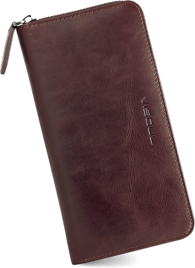 VISOUL Leather Long Zipper Pouch Wallet for Men and Women with RFID Blocking, Large Clutch Cash Long Wallet with Zipper (Coffee)
