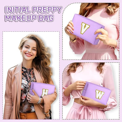 TOPEAST Personalized Makeup Bag, Chenille Letter Pouch Cosmetic Bag w Zipper, PU Leather Waterproof Toiletry Bag, Bridal Shower Gifts for Bridesmaids, Cute Stuff for Girls (Purple P)