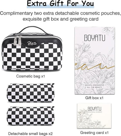 BOYATU Travel Makeup Bag Cosmetic Bags for Women: Large Make up Bags Set of 3 - Portable Makeup Organizer with Compartments&Handle&Divider - Waterproof PU Leather Toiletry Bag(A-5-Checkered Mix Black)