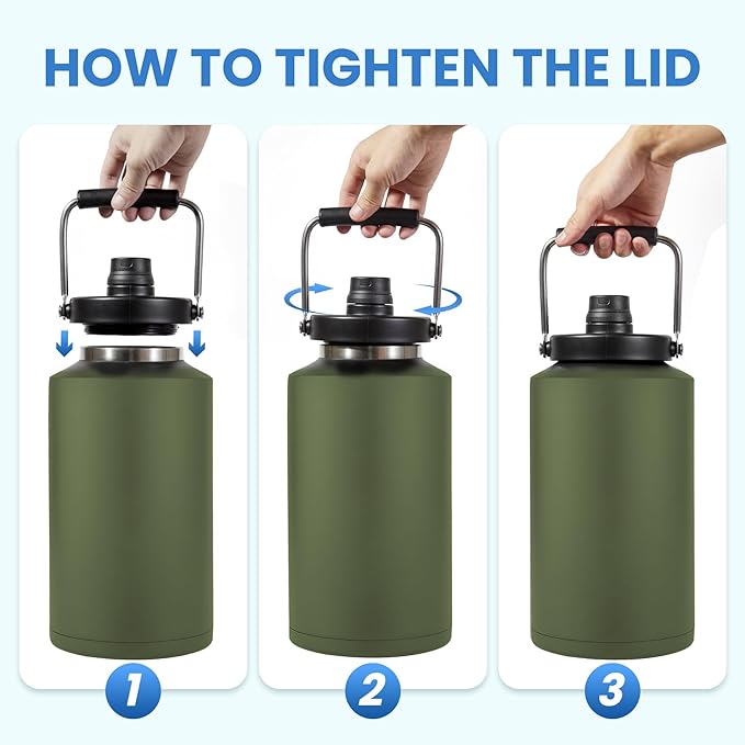 1 Gallon Water Jug Bottle Insulated with Straw, 128oz Stainless Steel Water Bottle Jug Wide Mouth Double Vacuum Dishwasher Safe BPA Free for Hot & Cold Drinks Army Green