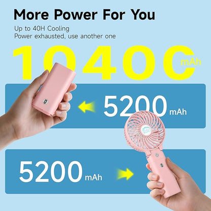 HandFan 10400mAh Personal Handheld Fan, 40Hrs Long-Lasted Hand Fan Rechargeable, Mini Cooling Fans Foldable, Heavy Duty Battery Fans Portable for Travel Beach Concerts Cruise Makeup(Pink)