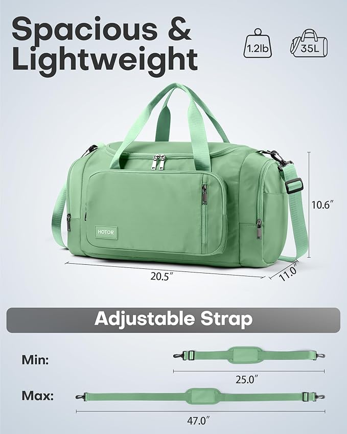 HOTOR Gym Bags for Men & Women - Spacious Duffle Bag with Shoe Compartment & Wet Pocket, Carry On Weekender Bag Portable Sports Duffel Bag for Workout, Fitness, Travel, Green, 20.5" x 11.0" x 10.6"