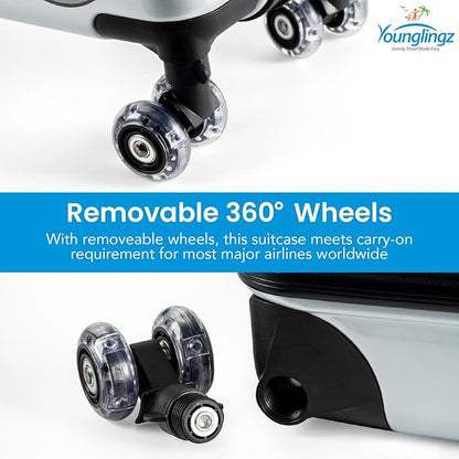 Younglingz LIL FLYER GO Version 2 Ride On Suitcase for Kids | Carry On Luggage with Toddler Seat, Foldable Handlebars, Pedals, and Removable Wheels | Holds up to 80 lbs | Green Motorcycle | Ages 2-6