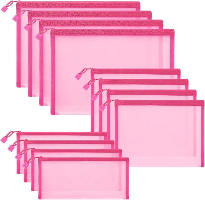 12 Pieces Zipper Nylon Mesh Pouch, Mesh Cosmetic Bags Makeup Bags Pencil Case, Multipurpose Travel Bags for Cosmetic School Office Supplies and Travel Accessories (Hot Pink, Assorted Sizes)