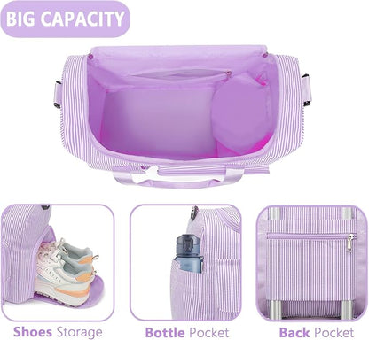 Kids Travel Duffle Bag Dance Bag Gifts for Girls Initial Gym Bag with Shoes Compartment for Women Lightweight Weekender Bags Purple-E