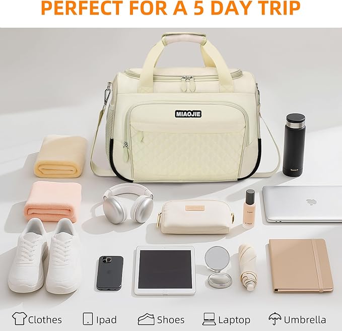 Travel Duffle Bag for Women, Underseat Carry On luggage Bag Foldable Overnight Weekender Hospital Bag Lightweight Airplanes Personal Item Travel Tote Bag for Women Birthday Gifts, 16IN Beige