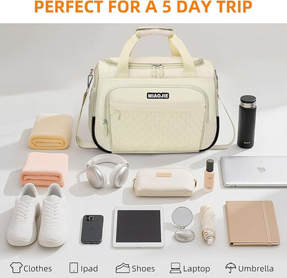 Travel Duffle Bag for Women, Underseat Carry On luggage Bag Foldable Overnight Weekender Hospital Bag Lightweight Airplanes Personal Item Travel Tote Bag for Women Birthday Gifts, 16IN Beige