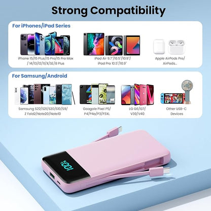 Portable Charger for iPhone with Built in Cables and Wall Plug,Upgraded 13800mAh Fast Charging USB C Power Bank,4 Outputs Travel Essential Battery Pack Compatible with iPhone 17/16/15/14,Samsung-Pink