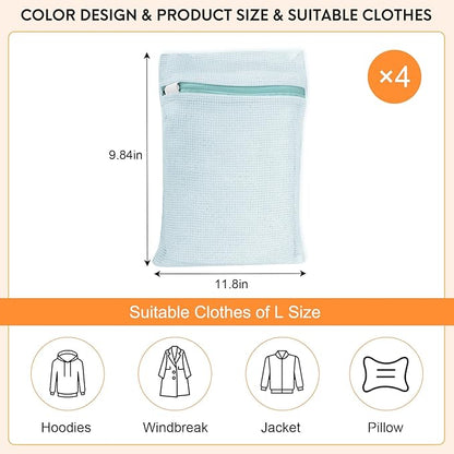 4 Piece Blue Small, Durable Organic Cotton Mesh Laundry Bag with Strong Zipper and Breathable Mesh, Delicate Laundry Bag for Underwear, Clothes, Pants and Socks
