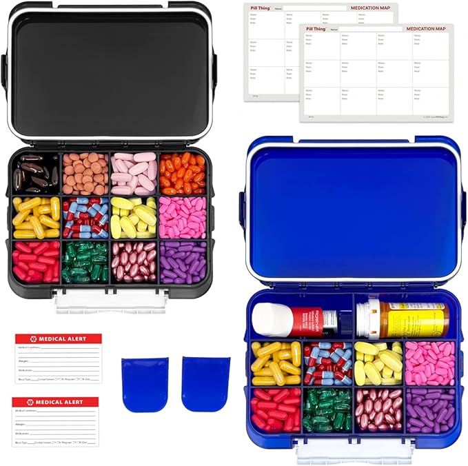 2-Pack Large Pill Organizer – Black + Blue | 12-Compartment Weekly Pill Box Case with Removable Dividers, Waterproof, Travel-Friendly (Combo Pack - 1 Black & 1 Blue)