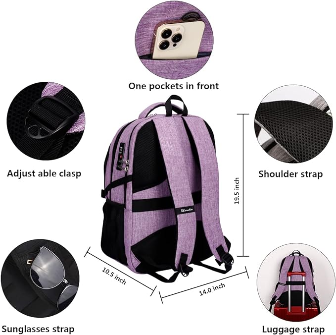 SHRRADOO Anti Theft Laptop Backpack Travel Backpacks with usb Charging Port for Women Men High School College Backpack Computer Bag Fits 17 Inch Laptop,Purple