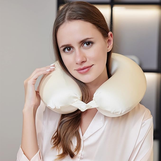 100% Mulberry Silk Neck Pillow for Travel 22 Momme Real Silk Travel Pillow for Pain Relief Sleeping,Silk Airplane Pillow, Anti Wrinkle Travel Pillow Made in USA (Champagne)