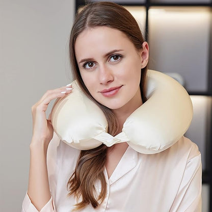 100% Mulberry Silk Neck Pillow for Travel 22 Momme Real Silk Travel Pillow for Pain Relief Sleeping,Silk Airplane Pillow, Anti Wrinkle Travel Pillow Made in USA (Champagne)