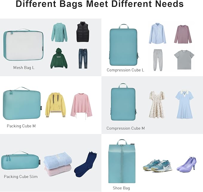 Bagail Ultralight Compression Cubes 7 Set - 3 Packing Cubes, 3 Organizers, and 1 Shoe Bag