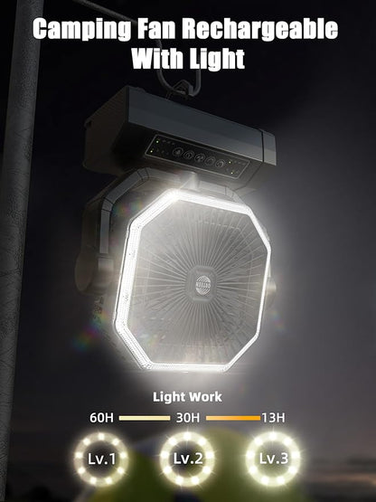 Portable Rechargeable Fan - 9-Inch Camping Fan for Tent, 20000mAh(60Hrs) Battery Operated Fan for Camping, Auto Oscillation Cordless Fans, Tent Fans with Remote/Light, 4 Speeds, 4 Timing, Outdoor