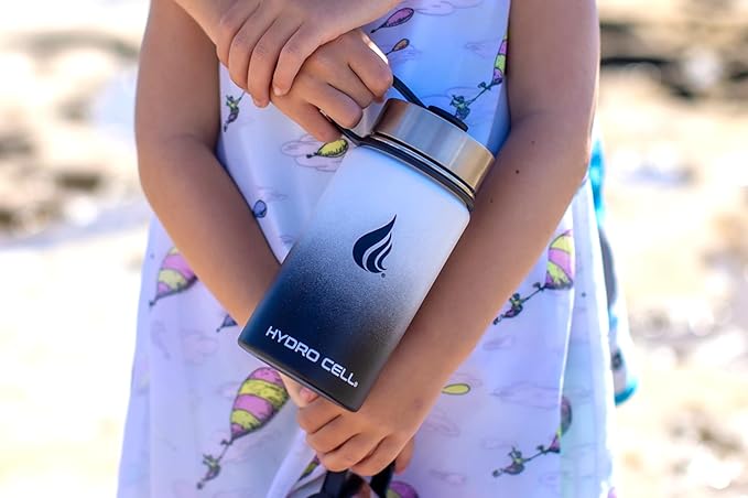 HYDRO CELL Stainless Steel Insulated Water Bottle with Straw - For Cold & Hot Drinks - Metal Vacuum Flask with Screw Cap and Modern Leakproof Sport Thermos for Adults (Black/White 14oz)