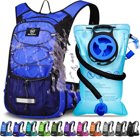 Insulated Hydration Backpack Pack with 3L BPA Free Leak Proof Water Bladder, Large Storage Lightweight Hiking Daypack with Waist Pouches & Cooler Layer, for Running, Biking, Camping, Festival