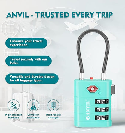 ANVIL TSA Approved Luggage Locks – High Security TSA008 Combination Travel Locks with Inspection Indicator for Suitcases and Backpacks. (3, 3 Colors)