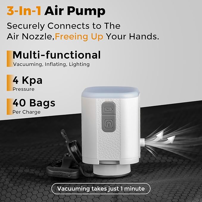 HONKID Vacuum Bags for Travel with Wireless Pump (2PC) - IP67 Waterproof Reusable Vacuum Compression Travel Bags for Luggage & Suitcases, Space Saver for Clothes & Travel Clothing