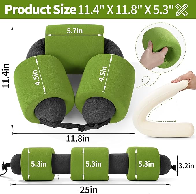 3-Ring Memory Foam Travel Neck Pillow It has obtained a Patent. The Three Rings can be movably Adjusted to Provide Flexible Support for The Neck, Head, and Other Areas.Green