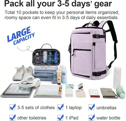 Carry On Travel Backpack Flight Approved Laptop Backpack Business Work Backpack for Women Men Large Capacity Casual Daypack with Wet/Dry Separation Pockets, Purple