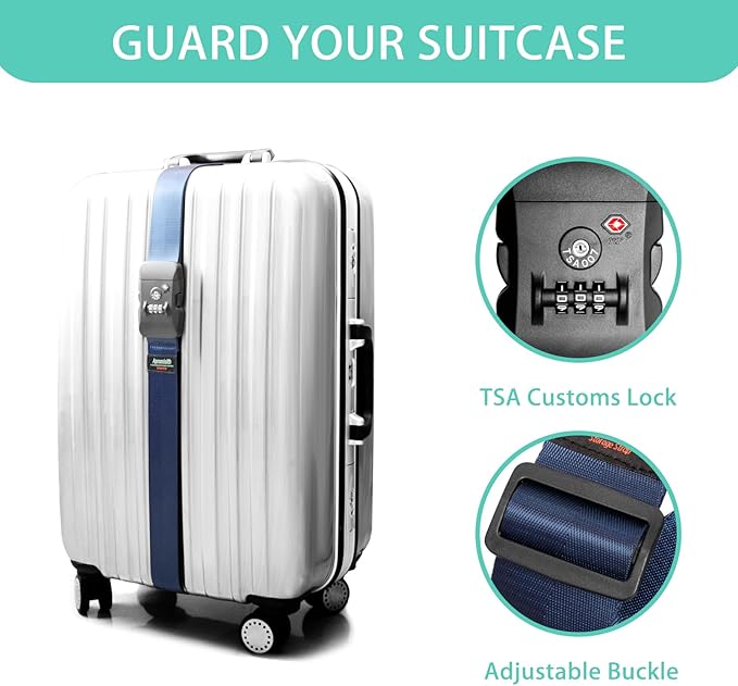 Luggage Strap Belt for 20"-32" Suitcase with TSA Approved 3-Dial Combination Lock Wide Adjustable Packing Straps Travel Accessories, Blue