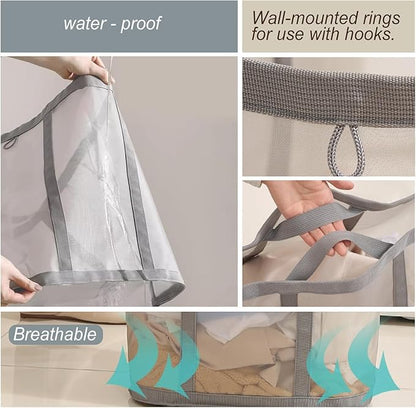 Mesh Bag with Handles, Collapsible Laundry Basket, Foldable Laundry Bag, Breathable Folding Beach Bag,Space-saving Travel Tote Bags (2, Brown)