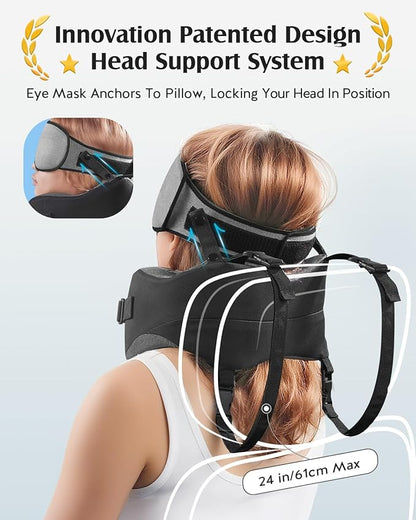 YFONG Travel Pillow for Long Flight Airplanes, Head Strap Combo with 3D Contoured Eye Mask for Sleep, Neck Pillow for Car Trip Essential, 360° Support Memory Foam Headrest, Prevent Head Bobbing, Grey