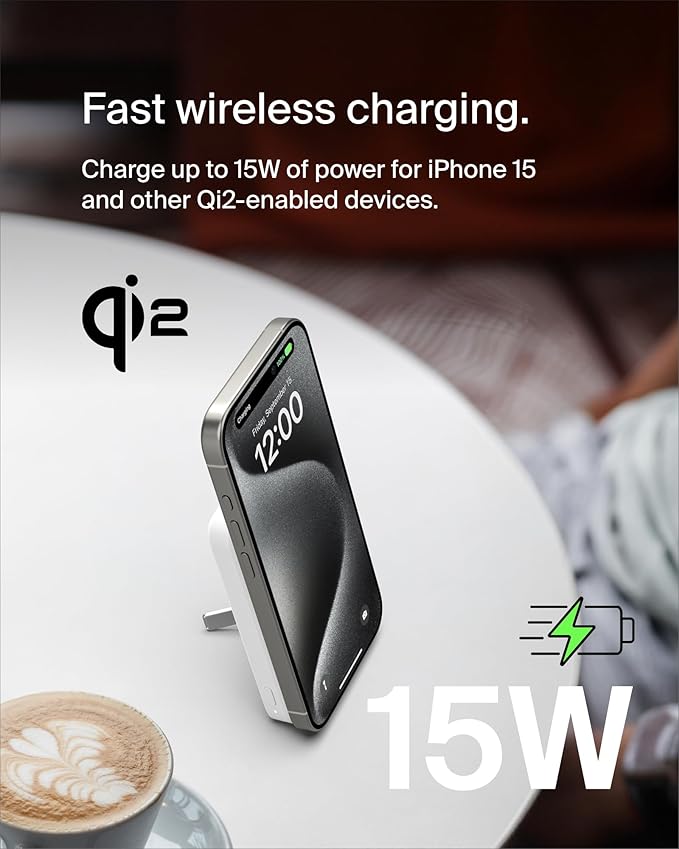 Belkin Portable Charger, Wireless Power Bank 15W 5000 mAh w/ Qi2 - MagSafe Charger w/Built-in Pop-up Kickstand - iPhone 17, Air, Pro, Pro Max, AirPods, Apple Watch, Google Pixel 10, etc. - White