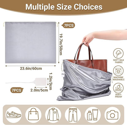 Ewen 7 Pack Satin Shoe Bags Dustproof, 23.6x19.6in Dust Bags for Handbags with Drawstring, Large Travel Essentials Packing Bag, Purse Organizer with Blank Tags for Closet Storage Jewelry Organization