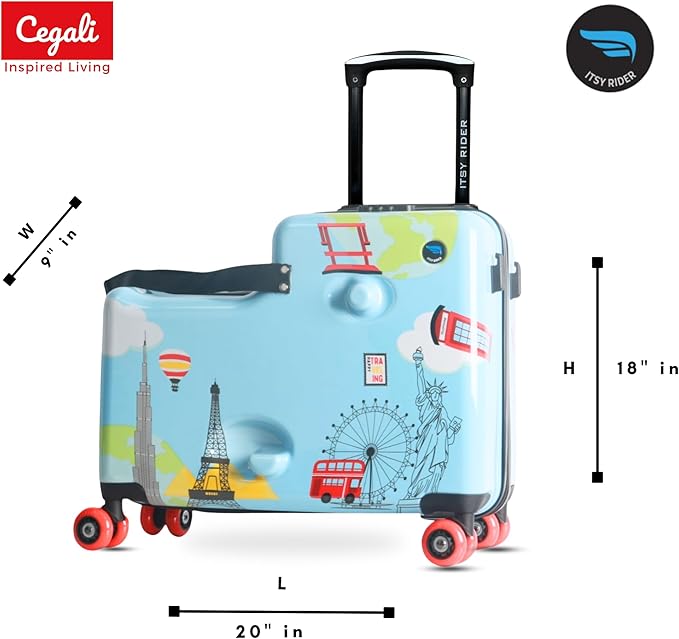 2025 Itsy Rider 20" Ride-on Suitcase for Kids with Double Spinner Red Wheels (Blue Landmarks)