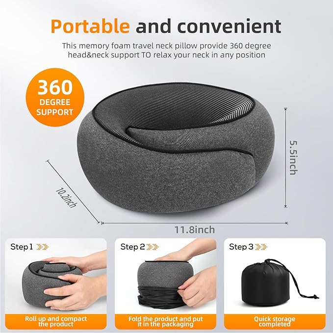 Travel Neck Pillows for Airplanes, Premium 100% Memory Foam Neck Pillow with Alternative Cooling Ice Silk Cover - Upgrade Liner Enables Easy Pillowcase Cleaning, Travel Pillow Fits Plane, Car, Train