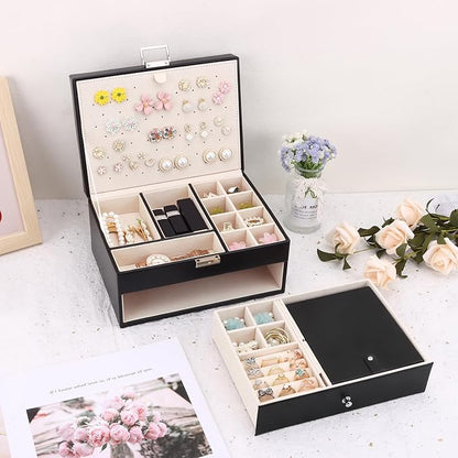 DesignSter Jewelry Organizer Box, 2 Layers Large Jewelry Box with Travel Jewelry Case, Leather Jewelry Storage Case for Rings Earrings Bracelets Necklaces (Black)